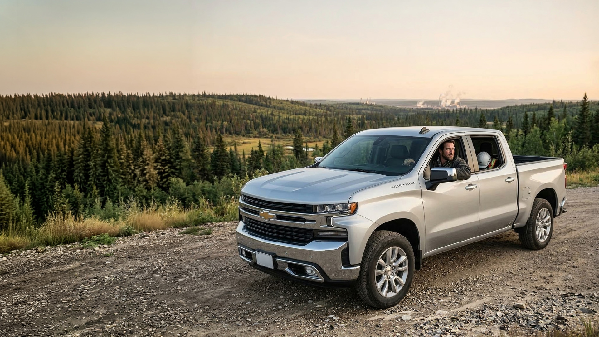 2026_WBAF_WebsitePhotos-02 Man pictured looking out at twilight hour from the inside of a silver Chevrolet Silverado 1500 on gravel road with Fort McMurray Oil Sands project in deep background